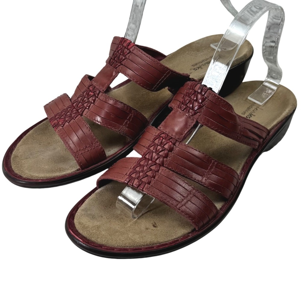 Clarks Slide Sandals Womens 8.5M Burgundy Leather Woven Bendables Comfort Casual - Picture 4 of 15